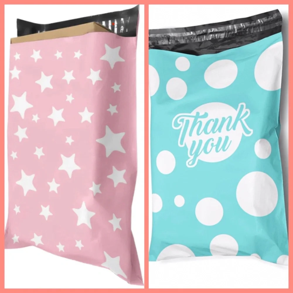 20 poly mailers pink white star & teal bubbles size 10x13